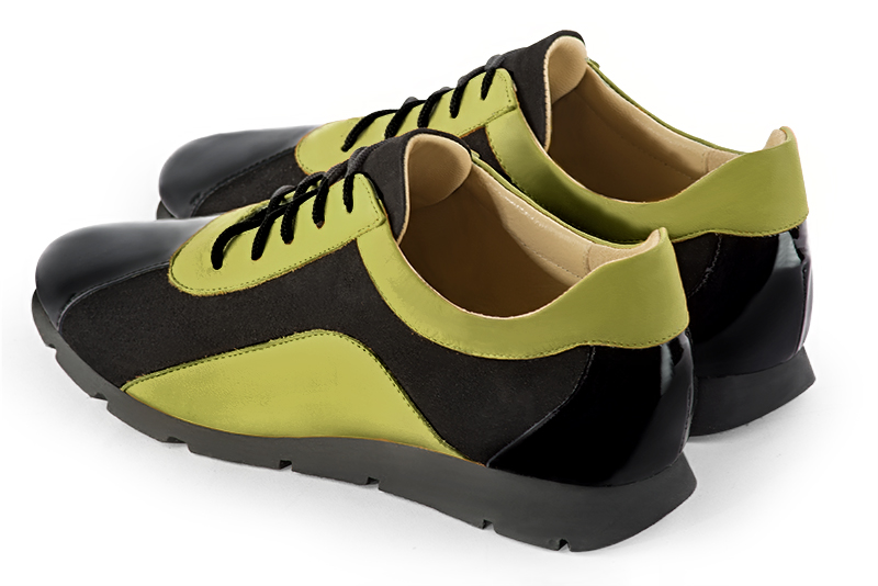 Gloss black and pistachio green women's two-tone elegant sneakers. Round toe. Flat rubber soles. Rear view - Florence KOOIJMAN